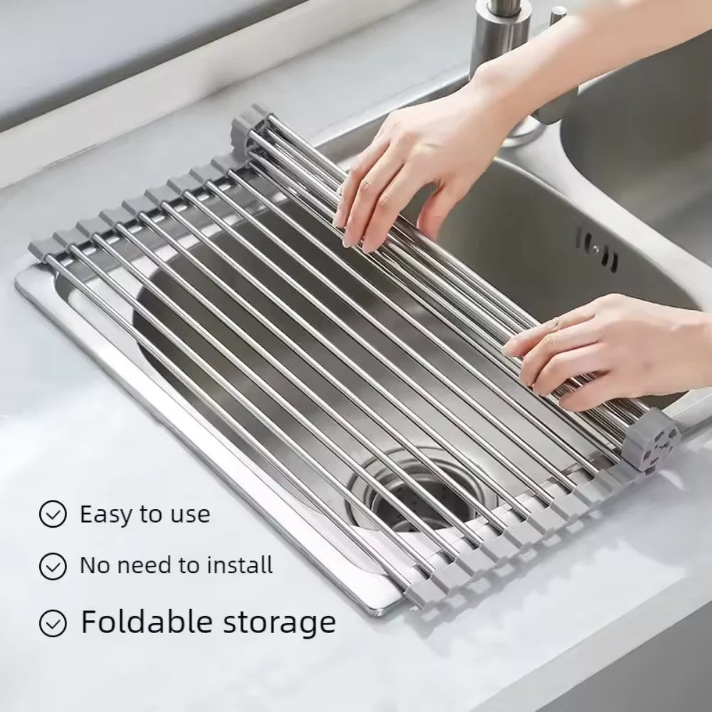 Rollable Foldable Stainless Steel Sink Drying Rack Kitchen Multifunctional Dish Drainer for Vegetable Fruit Storage