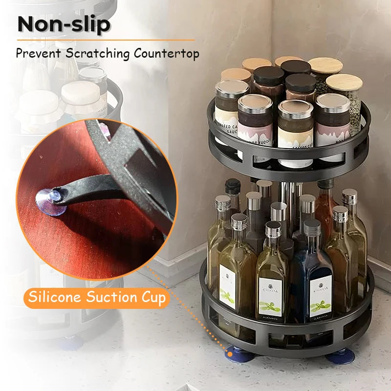 360°Rotation Spice Rack Organizer Jar Cans for Kitchen Accessories Non-Skid Carbon Steel Storage Tray for Seasonings and Spices