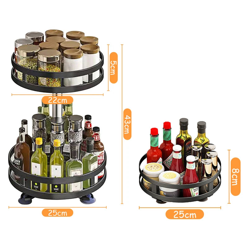 360°Rotation Spice Rack Organizer Jar Cans for Kitchen Accessories Non-Skid Carbon Steel Storage Tray for Seasonings and Spices